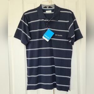 MENS COLUMBIA SPORTSWEAR FERN RIDGE POLO NAVY BLUE WITH STRIPES NWT SMALL